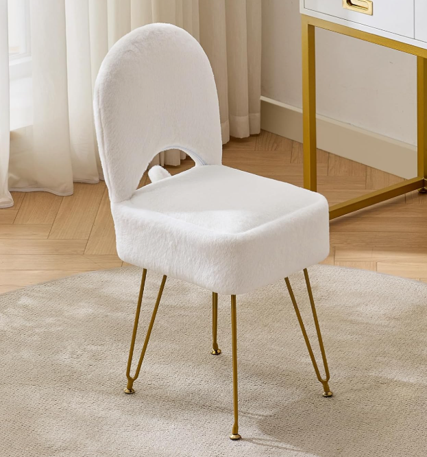 Faux Fur Vanity Stool With Storage And Foldable Backrest